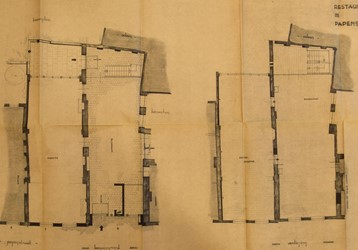 <p>Schetsplan voor de restauratie van de begane grond en verdieping van Papenstraat 9 (archief HCO). </p>
